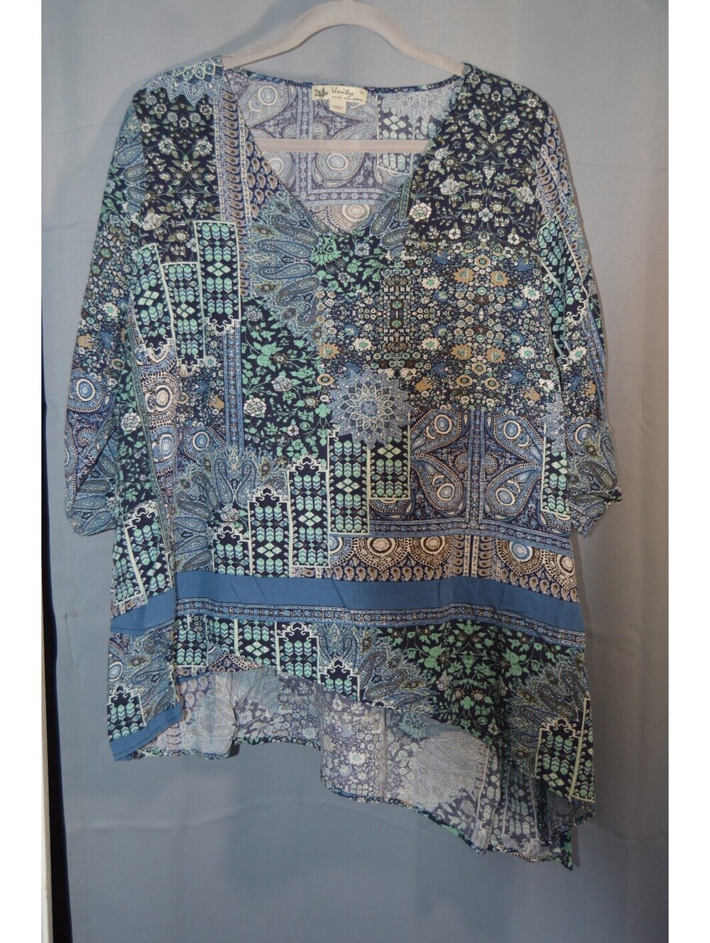 Unity World Wear blue patchwork print asymmetrical tunic top